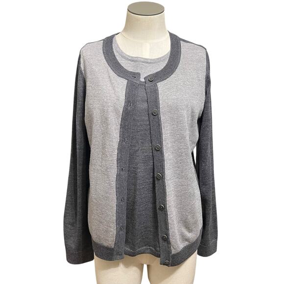 Talbots Womens Gray Color Block Italian Merino Wool Cardigan Work Twin Set Sz LP - Picture 1 of 16